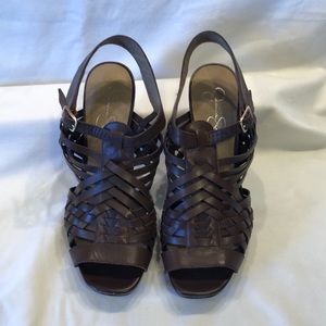 Jessica Simpson “Delaney” leather sandals. 4.5” faux wood heel.